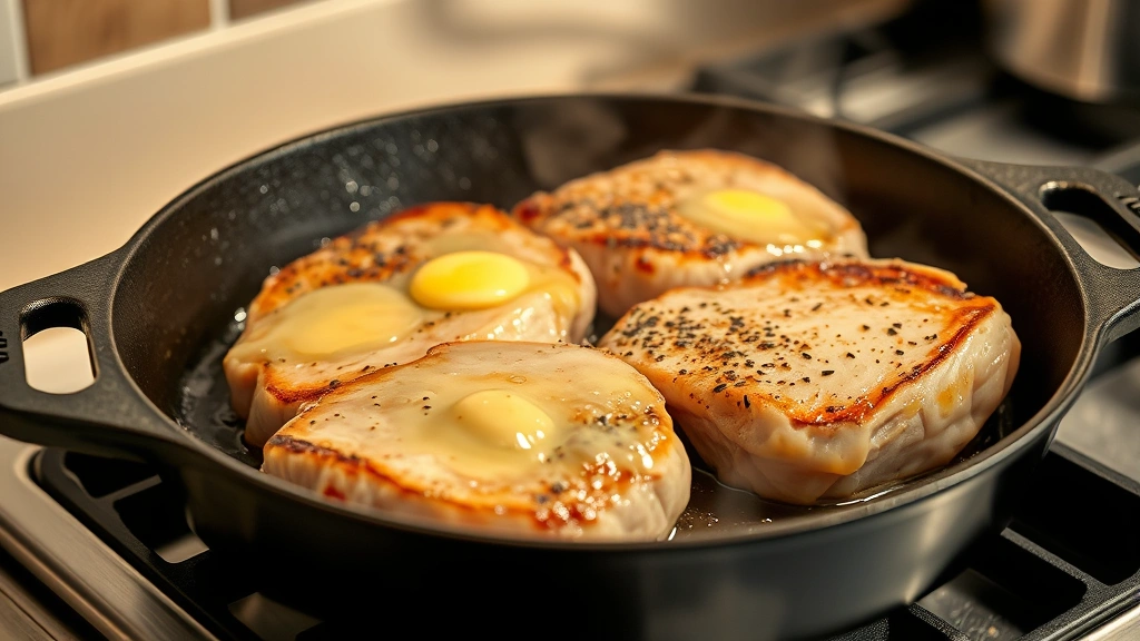 process: butter basting pork chops in cast iron skillet over heat, photorealistic, warm kitchen lighting, no text