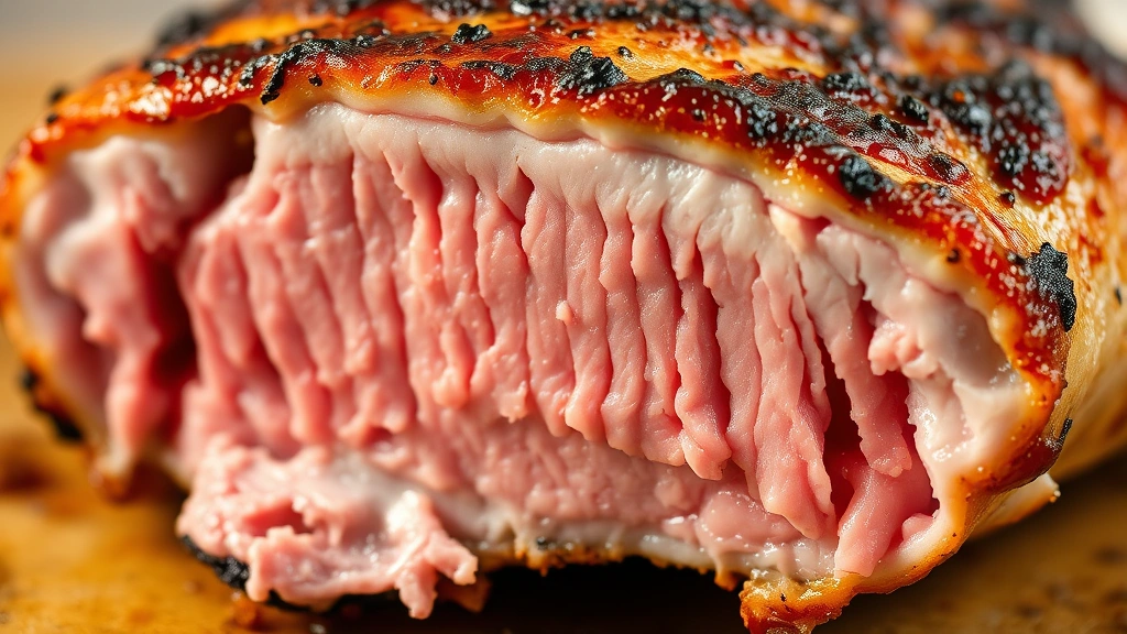 detail: close-up cross-section of cooked pork chop showing juicy pink interior and caramelized crust, photorealistic, natural light, no text