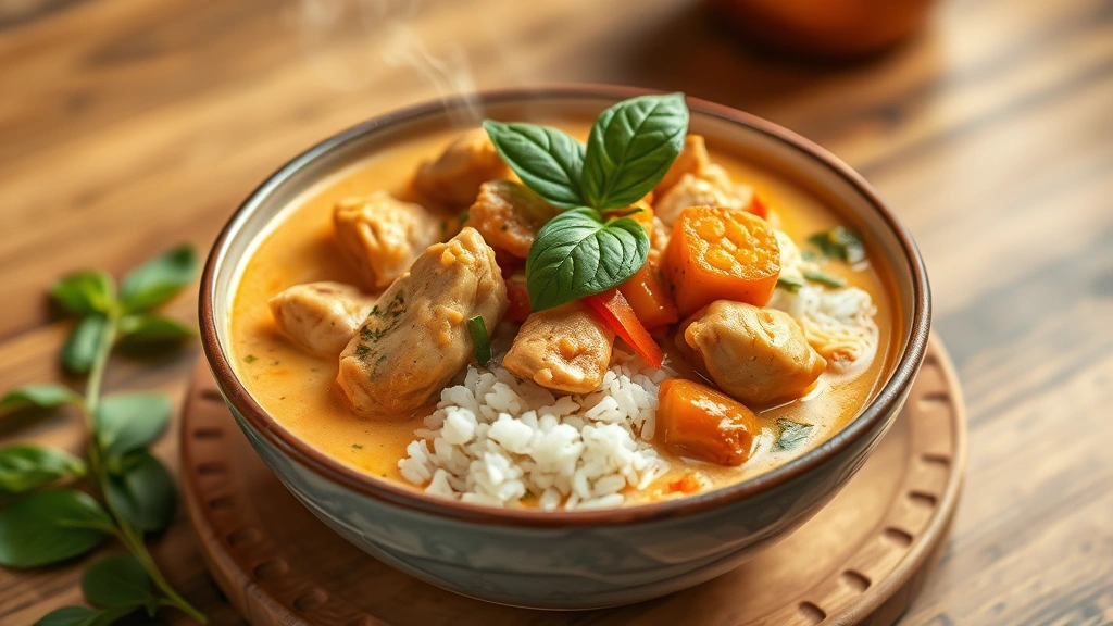 hero: steaming bowl of Panang curry with chicken and vegetables over jasmine rice, creamy coconut sauce, fresh basil garnish, warm golden lighting, wooden table background, no text