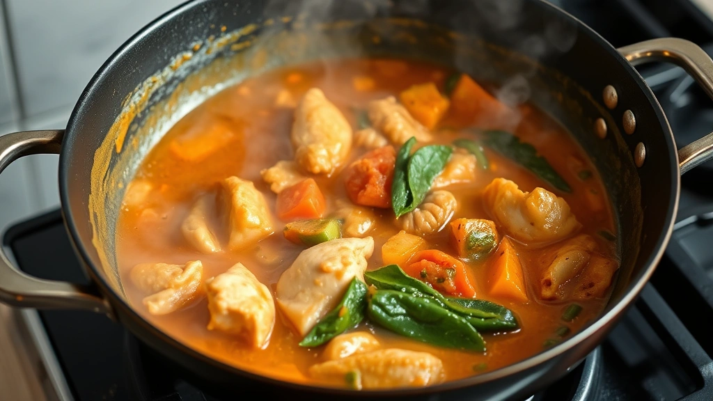 process: simmering Panang curry in wok with visible steam, chicken and vegetables cooking, vibrant colors, stove top view, natural kitchen lighting, no text