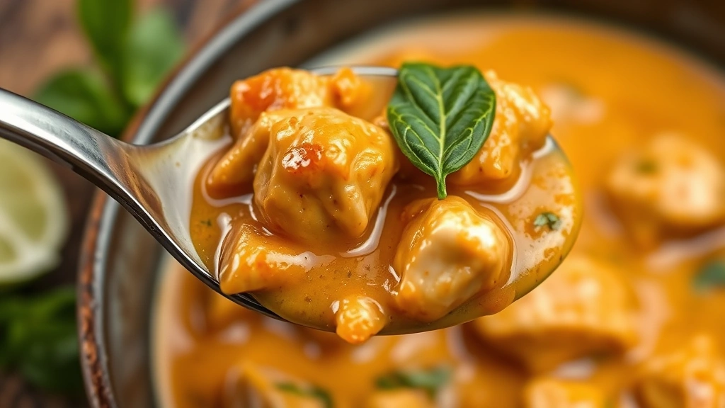 detail: close-up spoonful of curry showing tender chicken, creamy sauce coating, fresh basil leaf, lime wedge nearby, shallow depth of field, natural daylight, no text