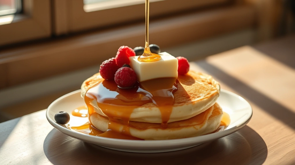 hero: a single fluffy golden pancake on a white plate, topped with melting butter and maple syrup dripping down the sides, fresh berries scattered on top, morning sunlight streaming through a window creating soft shadows, photorealistic, no text