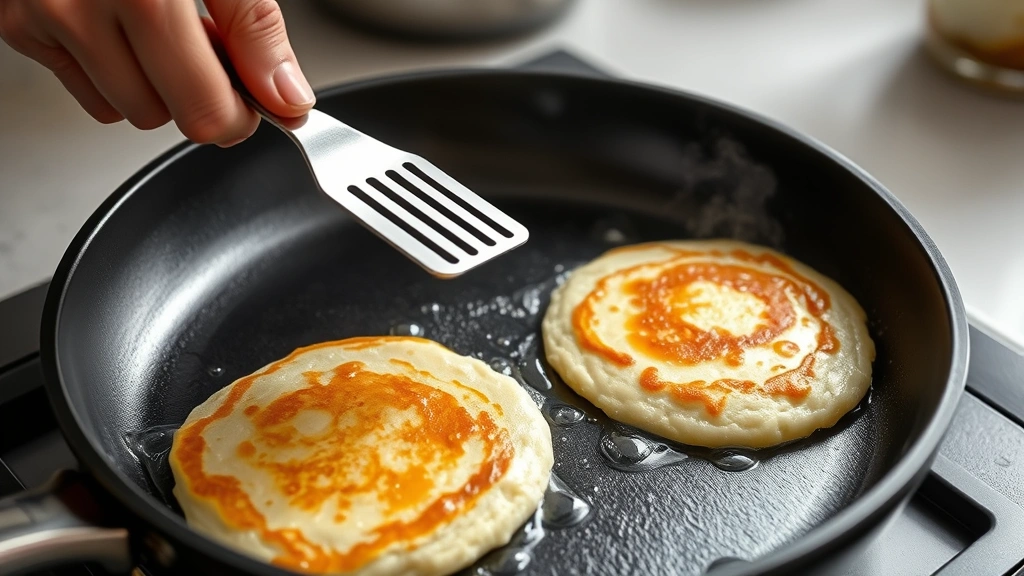 process: a hand flipping a golden-brown pancake on a non-stick skillet using a thin metal spatula, bubbles visible on the surface, steam rising, kitchen counter visible in background, photorealistic natural lighting, no text