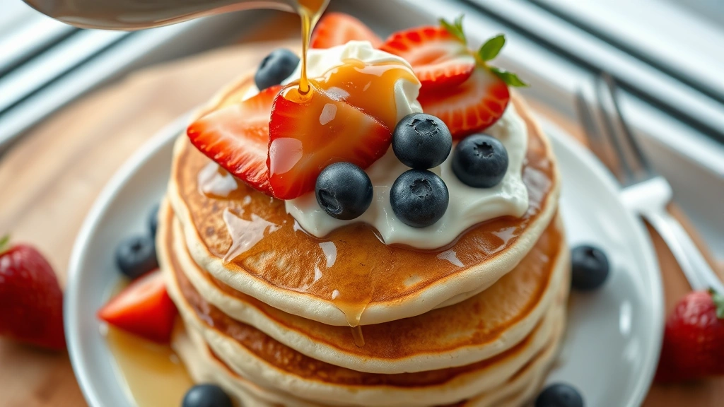 detail: close-up overhead shot of a fluffy pancake stack with syrup being poured over it, whipped cream melting on top, fresh strawberries and blueberries arranged artfully, photorealistic, natural window light, no text
