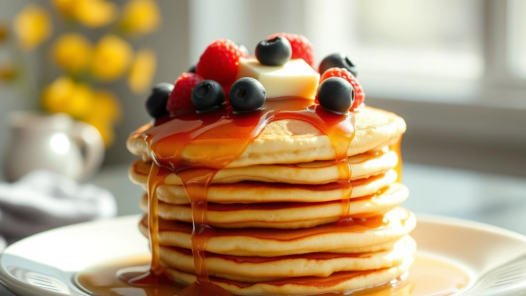 hero: stack of fluffy golden brown eggless pancakes with maple syrup dripping down the sides, topped with fresh berries and a pat of butter, photorealistic, natural sunlight streaming in, no text