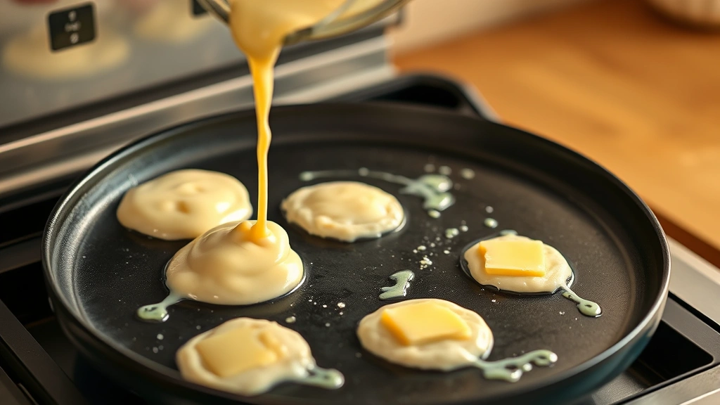 process: pouring pancake batter onto a hot buttered griddle, batter spreading evenly, butter sizzling, photorealistic, warm kitchen lighting, no text