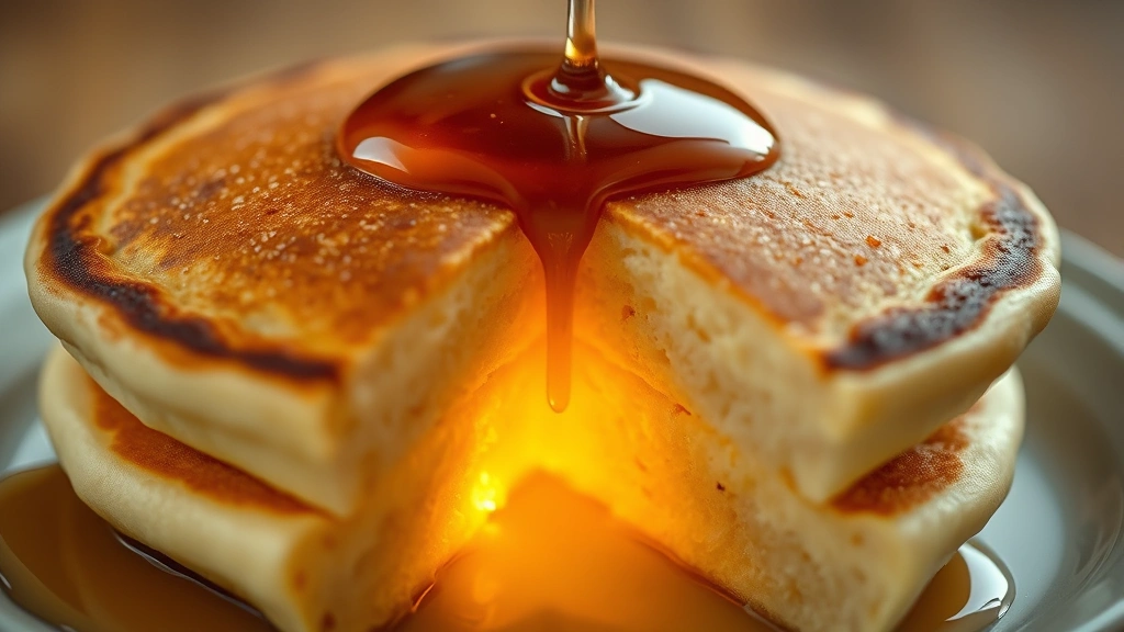 detail: close-up of a single fluffy pancake cut in half showing the light airy interior, steam rising, maple syrup pooling on top, photorealistic, natural lighting, no text