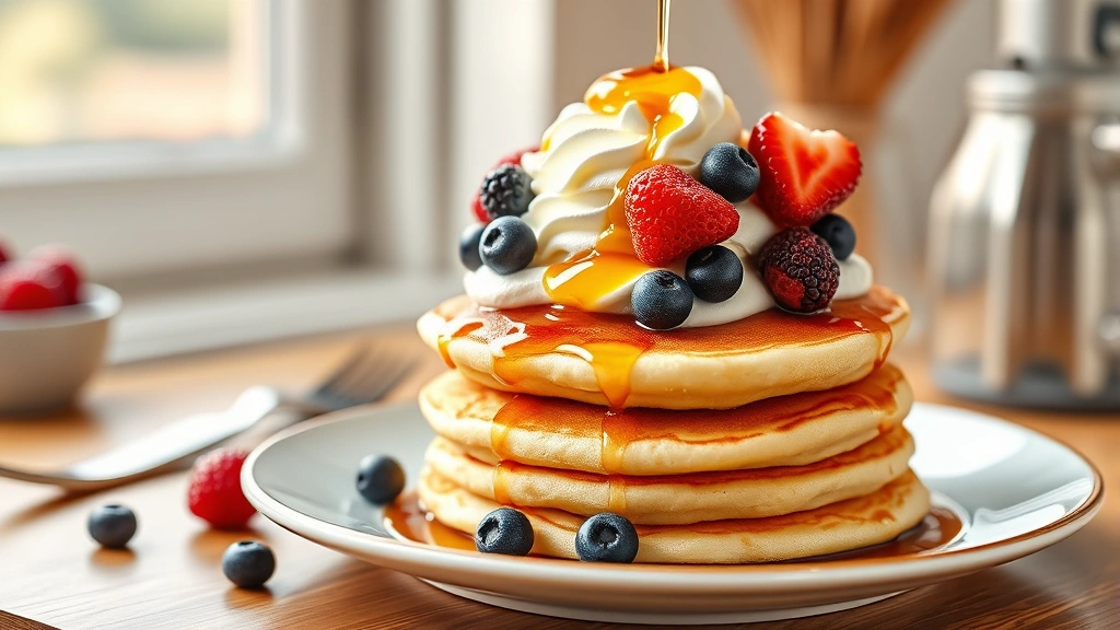 hero: stack of golden fluffy pancakes topped with fresh berries, whipped cream, and maple syrup drizzle, photorealistic, natural window light, no text, warm breakfast setting