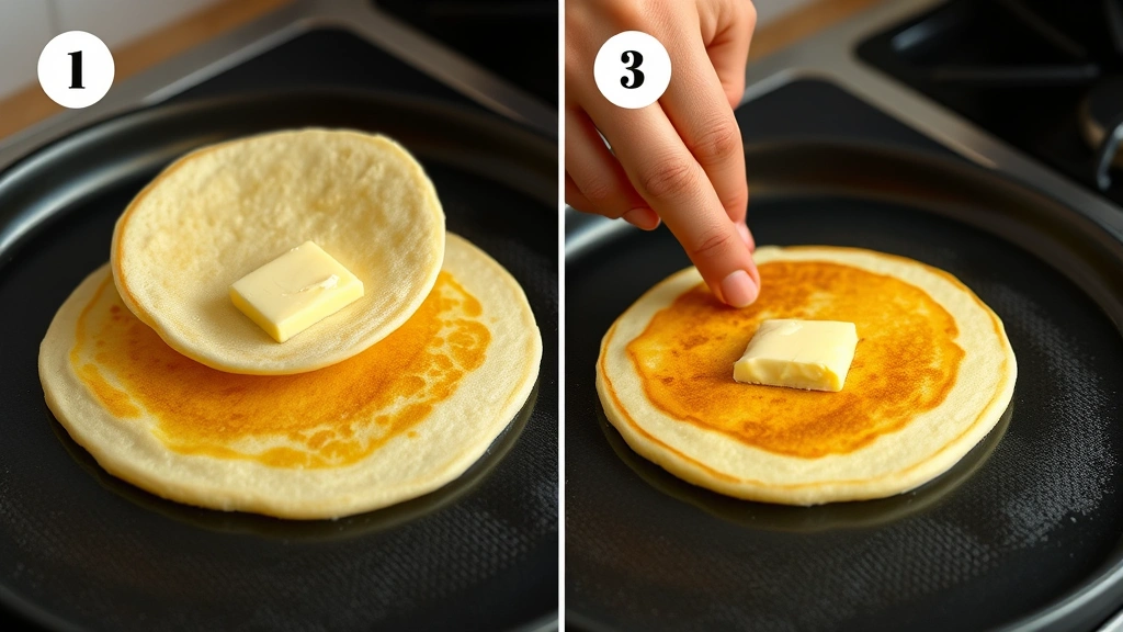 process: hand flipping pancake on griddle, butter sizzling, golden-brown underside visible, photorealistic, natural kitchen light, no text