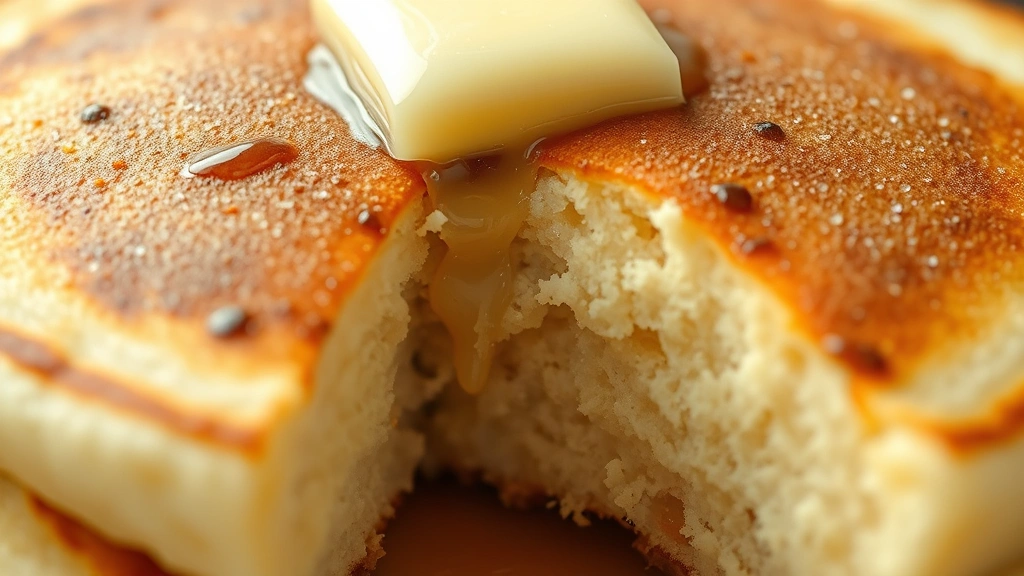 detail: close-up cross-section of fluffy pancake showing airy interior structure, topped with butter melting, photorealistic, macro photography, natural light, no text