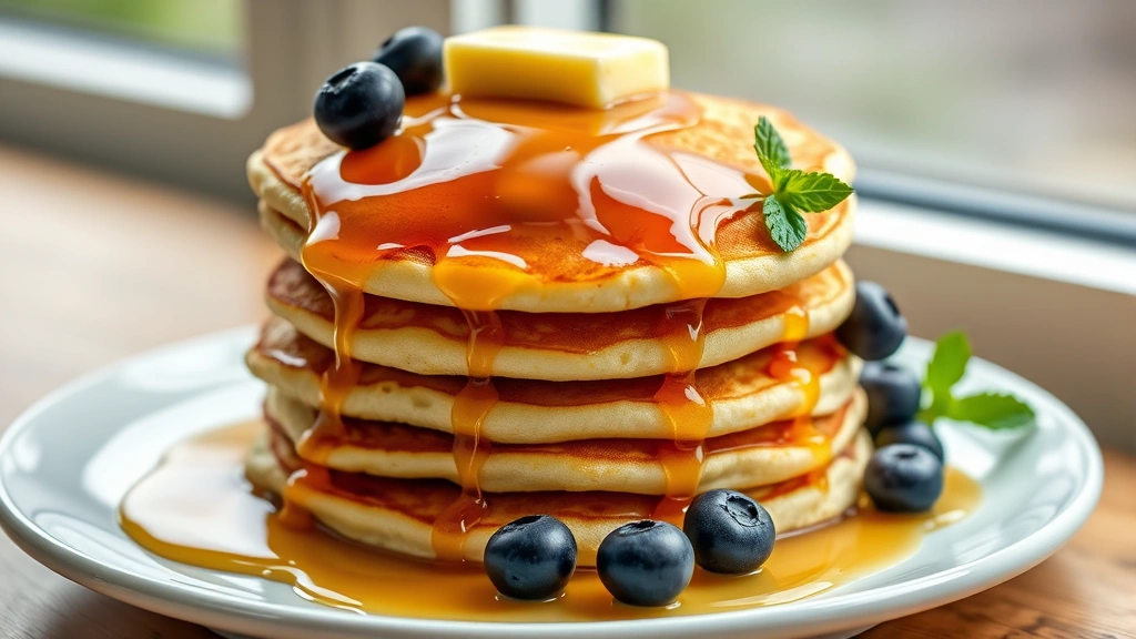 hero: stack of fluffy golden pancakes with melting butter and maple syrup dripping down the sides, garnished with fresh blueberries and mint, photorealistic, natural window light, no text