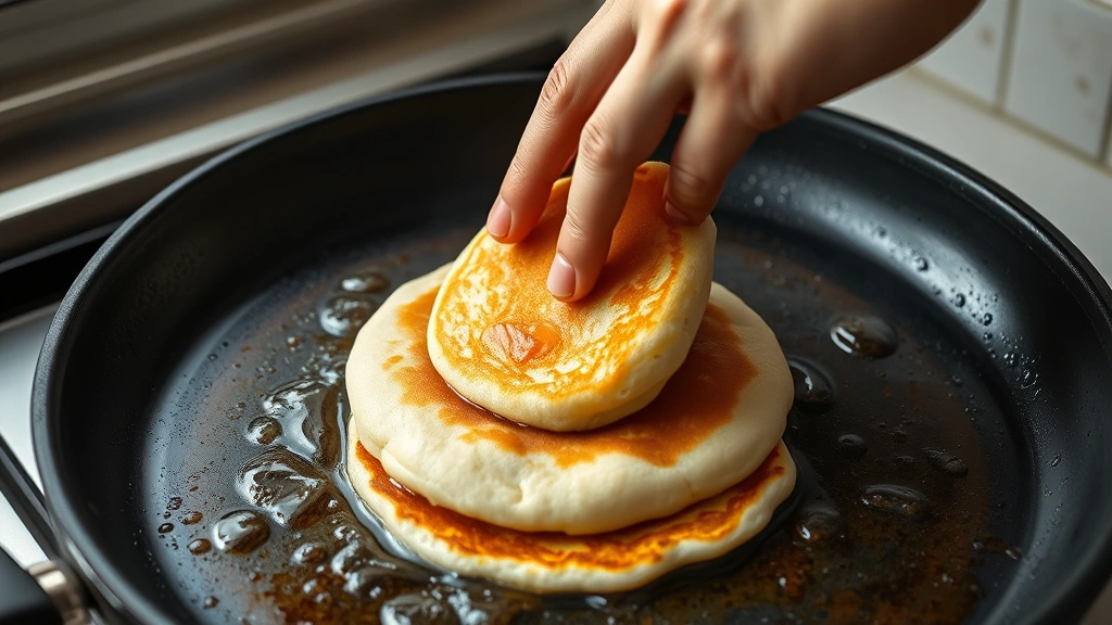 process: hand flipping a pancake on a sizzling griddle with bubbles visible on the surface, golden brown bottom, photorealistic, natural light, no text