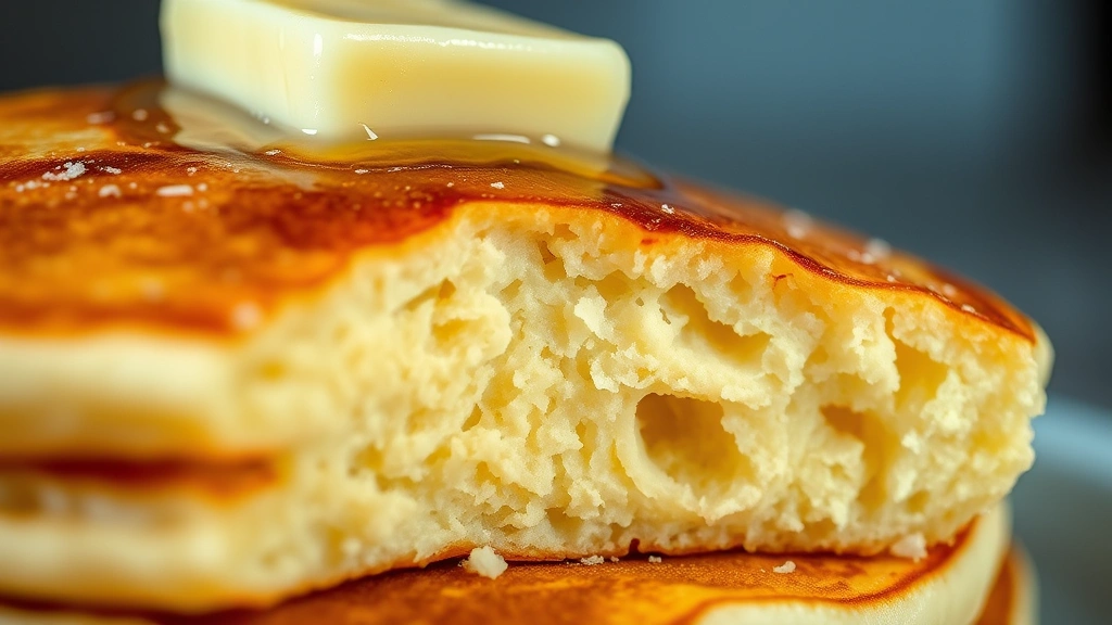 detail: close-up cross-section of a fluffy pancake showing the airy interior texture and layers, with a pat of melting butter on top, photorealistic, natural light, no text