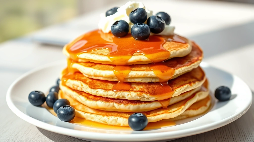 hero: stack of golden-brown fluffy eggless pancakes topped with fresh blueberries, maple syrup drizzle, and whipped cream on a white plate, photorealistic, natural morning light streaming across, no text