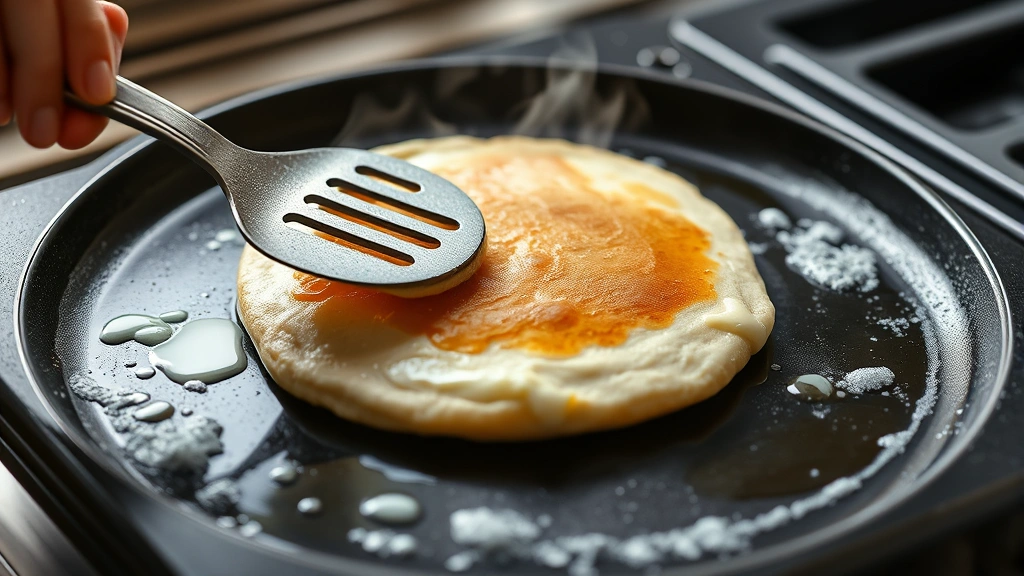 process: hand flipping pancake on griddle with spatula, steam rising, batter bubbles visible on surface, photorealistic, bright kitchen lighting, no text
