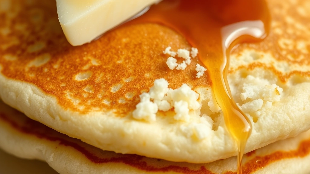 detail: close-up of fluffy pancake texture showing interior fluff and golden-brown exterior, topped with butter and syrup, photorealistic, macro lighting, no text