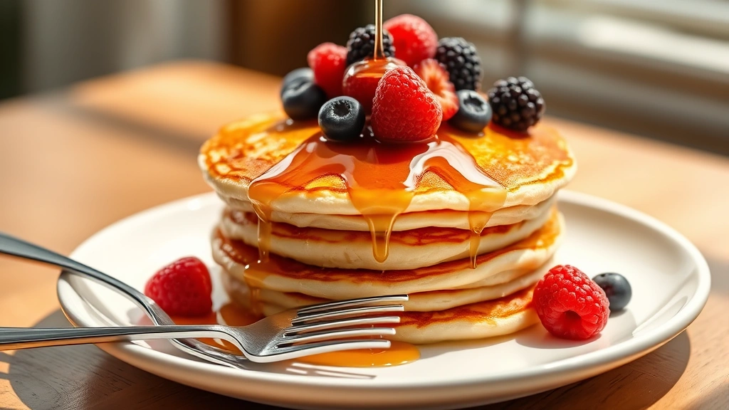 hero: stack of fluffy golden pancakes topped with fresh berries and maple syrup dripping down, placed on a white plate with a fork, photorealistic, natural morning sunlight streaming in from left, no text
