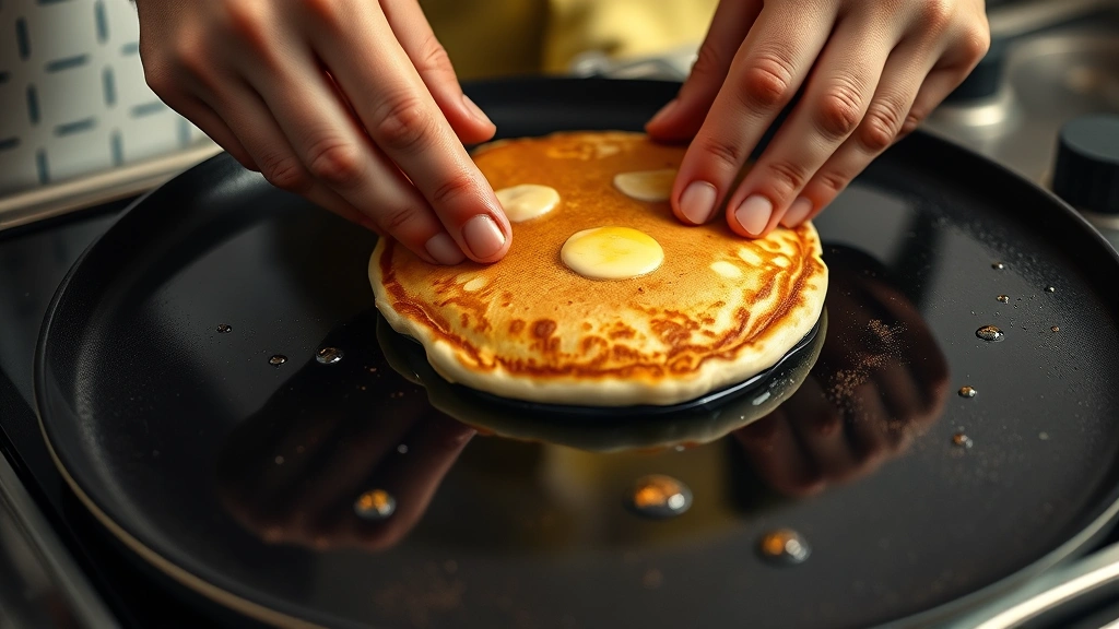 process: hands flipping a pancake on a hot griddle, golden-brown bottom visible, bubbles on top surface, photorealistic, bright kitchen lighting, no text