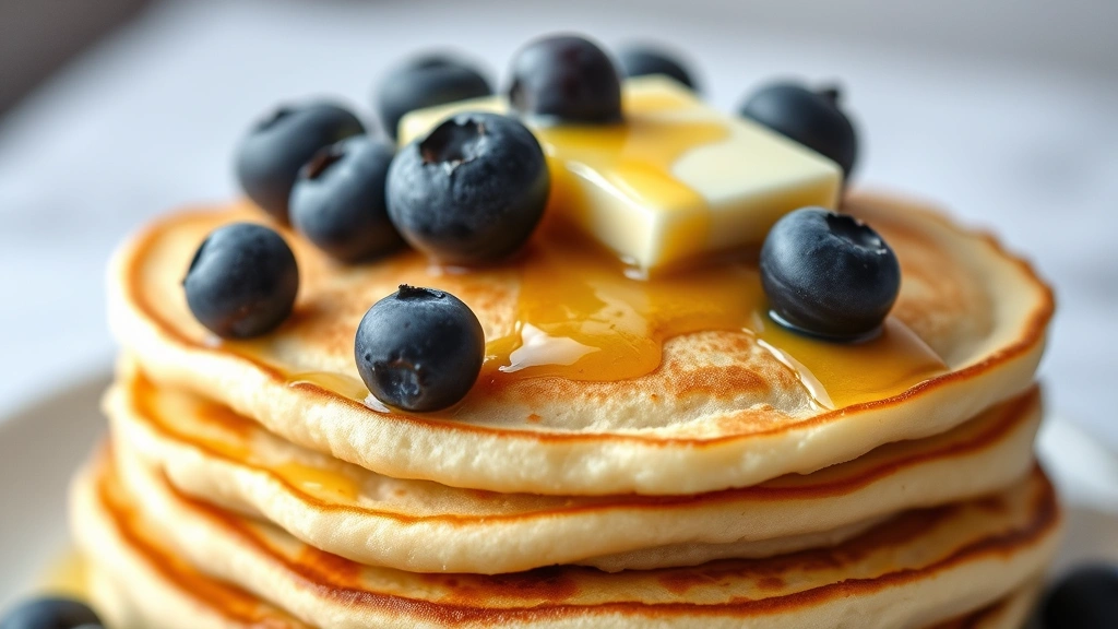 detail: close-up of fluffy pancake stack showing texture and layers, with blueberries and dairy-free butter melting on top, photorealistic, soft natural light, no text