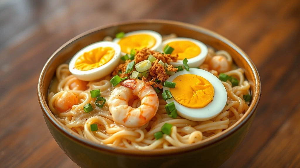hero: steaming bowl of Pancit Palabok with creamy shrimp sauce covering egg noodles, topped with crispy fried garlic, halved hard-boiled eggs, green onions, and cilantro, photorealistic, natural warm lighting, no text