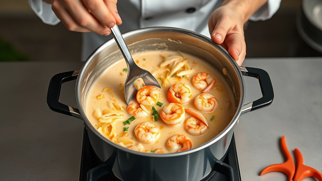 process: chef's hands stirring creamy palabok sauce in pot with visible shrimp and garlic, photorealistic, natural kitchen lighting, no text