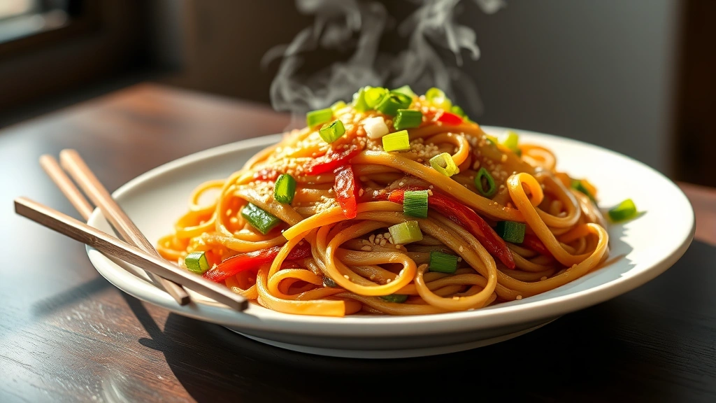 hero: Panda Express Chow Mein served on white plate with sesame seeds and green onions, steaming hot, vibrant vegetables visible, chopsticks beside plate, natural window light, soft shadows, no text or watermarks, food photography style