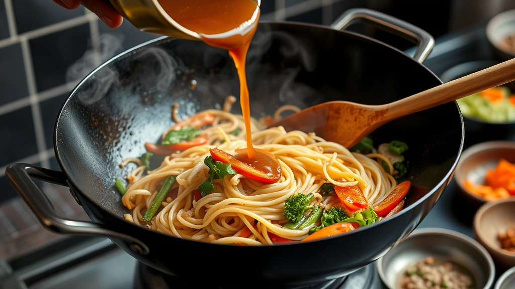 process: Wok cooking action shot, noodles being tossed with vegetables, sauce pouring over, steam rising, high heat, wooden spatula mid-toss, ingredients in small bowls visible background, professional food photography, no text