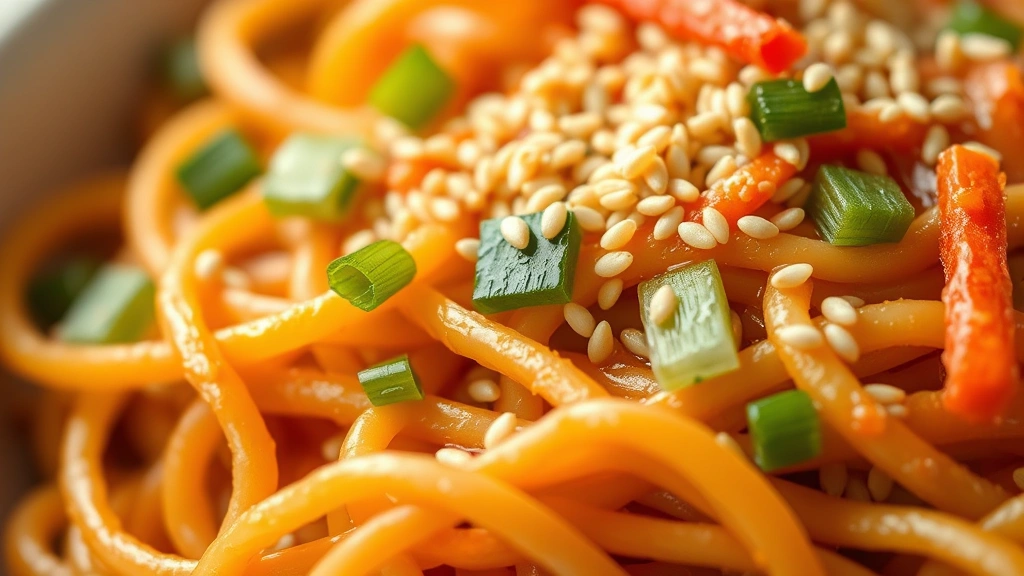 detail: Close-up macro shot of chow mein noodles with crispy edges, sesame seeds scattered on top, green onions and carrot shreds visible, glossy sauce coating, shallow depth of field, warm natural lighting, no text