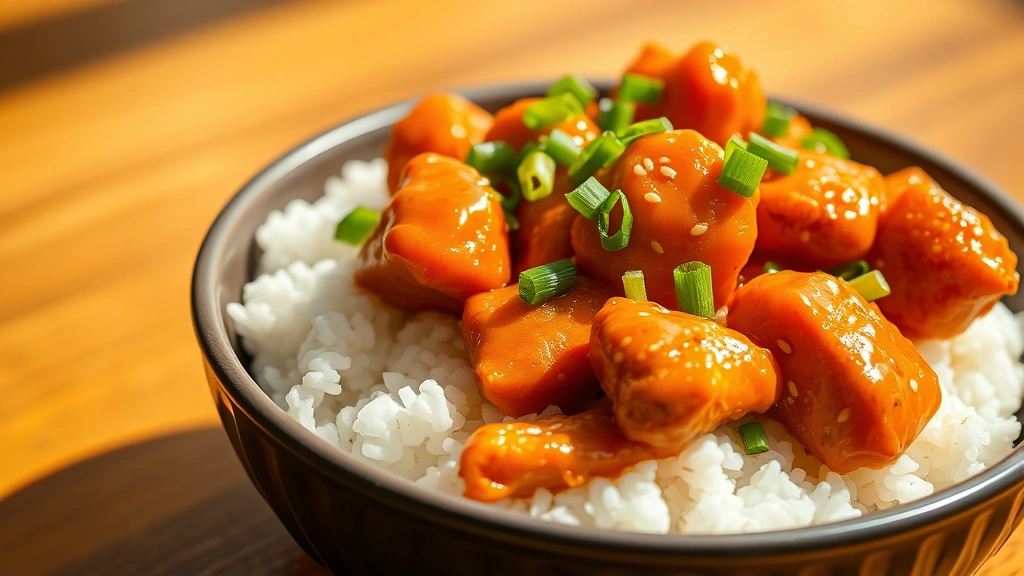 hero: Panda Express orange chicken served over white rice in a bowl, glistening orange sauce coating crispy chicken pieces, garnished with green onions and sesame seeds, warm natural lighting from side, shallow depth of field, no text or watermarks