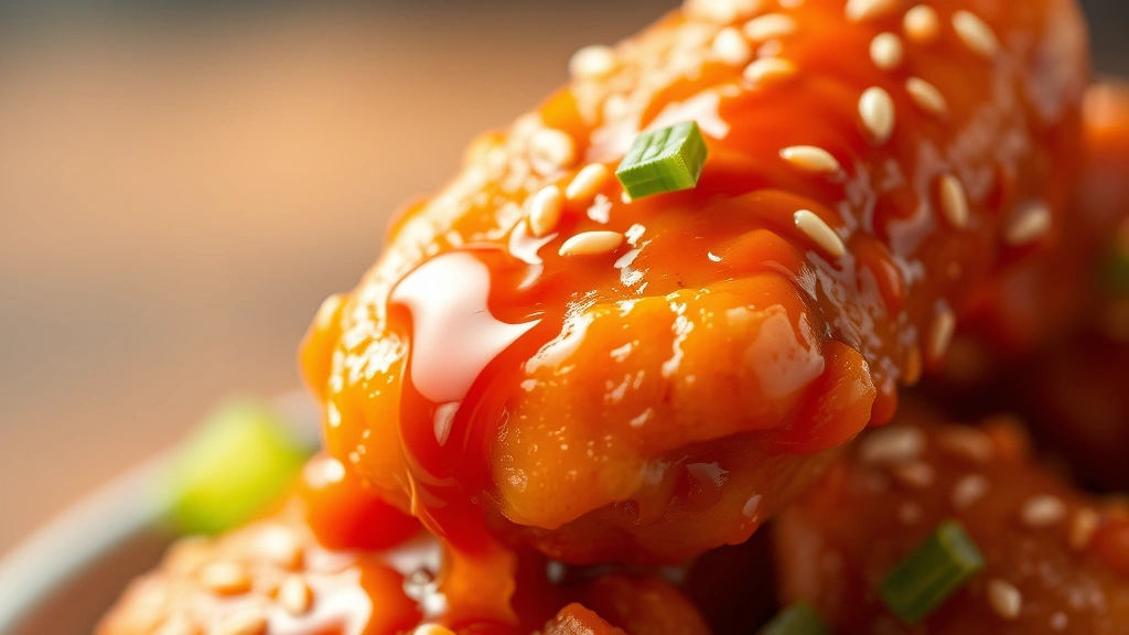 detail: Close-up macro shot of a single piece of orange chicken with glossy sauce dripping, sesame seeds and green onions visible, shallow focus background, warm natural light highlighting the crispy texture, professional food photography, no text