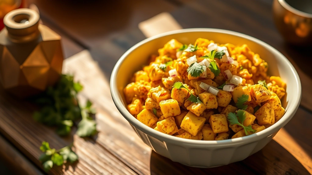 hero: golden scrambled paneer bhurji in white ceramic bowl, garnished with fresh cilantro and diced onion, warm afternoon sunlight streaming across rustic wooden table, photorealistic, natural light, no text, vibrant Indian spices visible