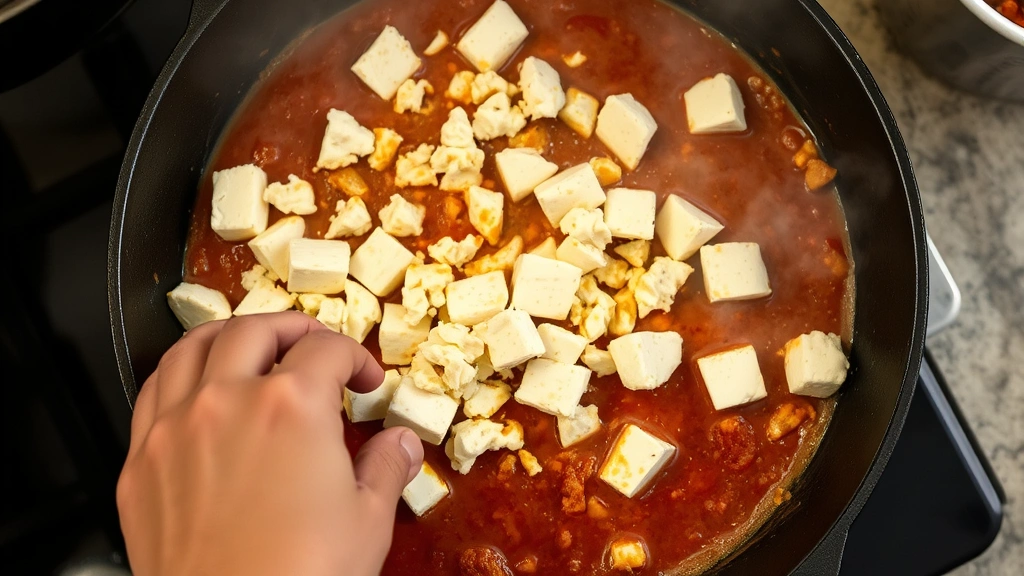 process: hands stirring crumbled paneer in cast iron skillet with tomato and spice base, golden ghee coating, steam rising, mid-cooking stage, photorealistic, natural light, no text, authentic kitchen setting