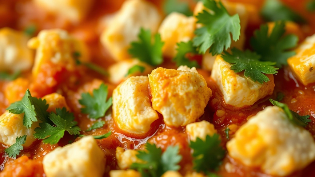 detail: close-up macro shot of paneer bhurji texture showing individual paneer crumbles mixed with tomato sauce and cilantro garnish, shallow depth of field focusing on garnish, photorealistic, natural light, no text, appetizing food styling