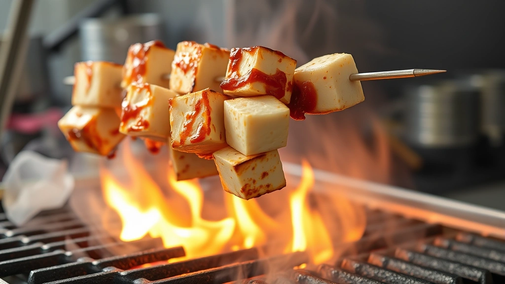 process: marinated paneer cubes on metal skewers over hot grill with visible flames and smoke, golden char marks visible, professional kitchen setting, photorealistic, natural light, no text