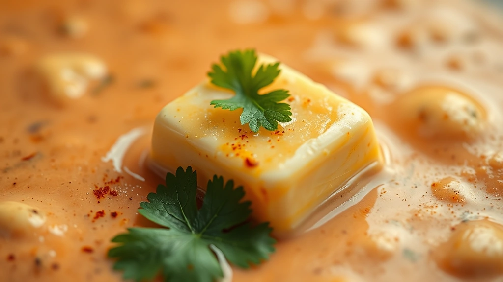 detail: close-up macro shot of single paneer cube in creamy salmon-pink sauce with cilantro leaf and garam masala spice visible, shallow depth of field, photorealistic, warm natural light, no text