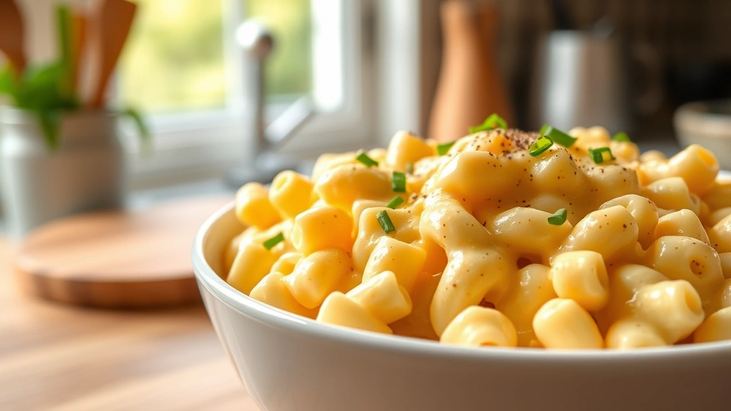 hero: creamy mac and cheese in white bowl, golden cheese sauce coating pasta perfectly, garnished with fresh cracked pepper and fresh chives, soft natural window light, cozy kitchen setting, photorealistic, no text