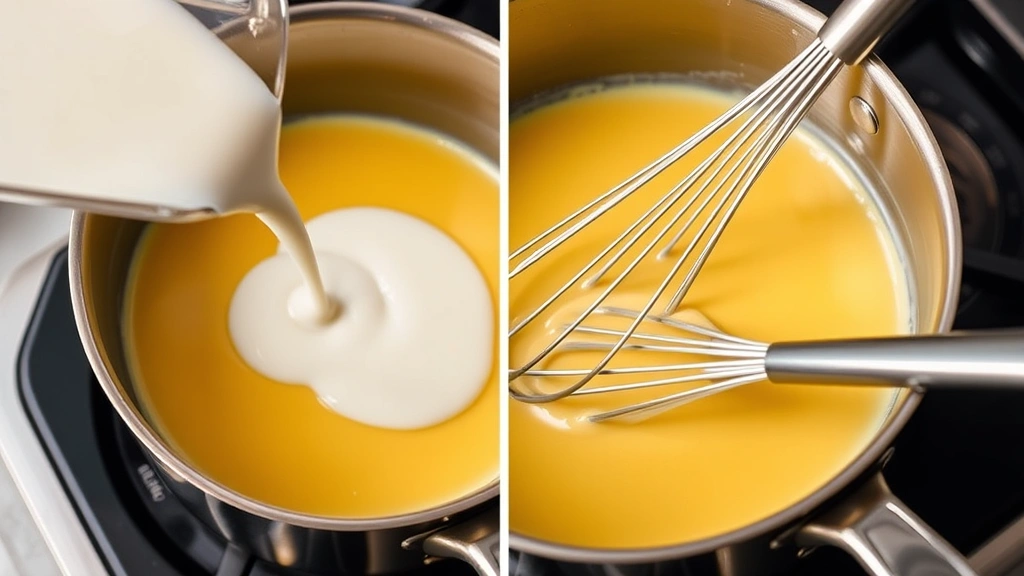 process: pouring milk into golden roux in stainless steel saucepan while whisking, creating smooth cheese sauce, bubbling gently, natural kitchen lighting, photorealistic, no text