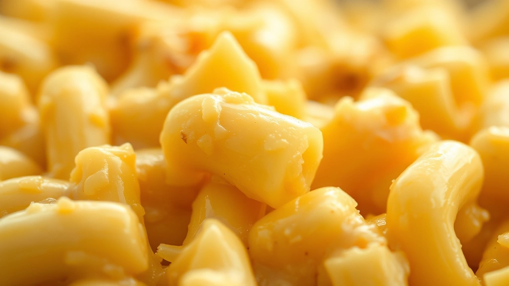 detail: close-up of mac and cheese showing individual noodle coated in creamy cheese sauce, melted Gruyère and cheddar visible, shallow depth of field, warm golden tones, photorealistic, no text
