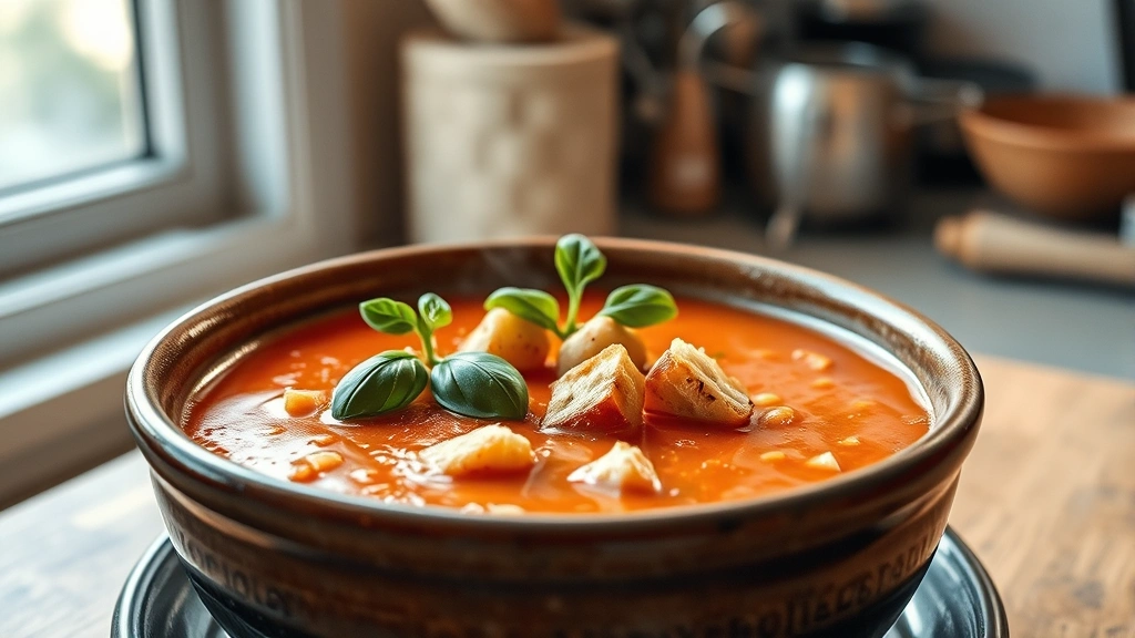 hero: bowl of creamy tomato soup garnished with fresh basil and croutons, warm steam rising, rustic ceramic bowl, natural window light, cozy kitchen background, photorealistic, no text
