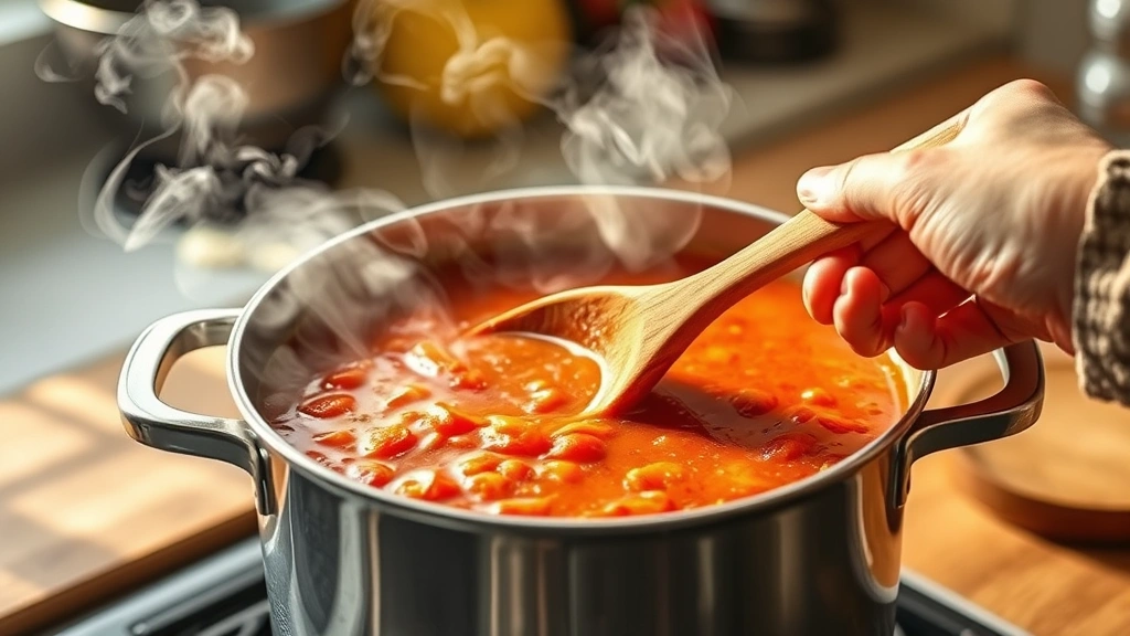 process: hand stirring tomato soup in pot with wooden spoon, visible steam, kitchen counter setting, natural daylight, photorealistic, no text