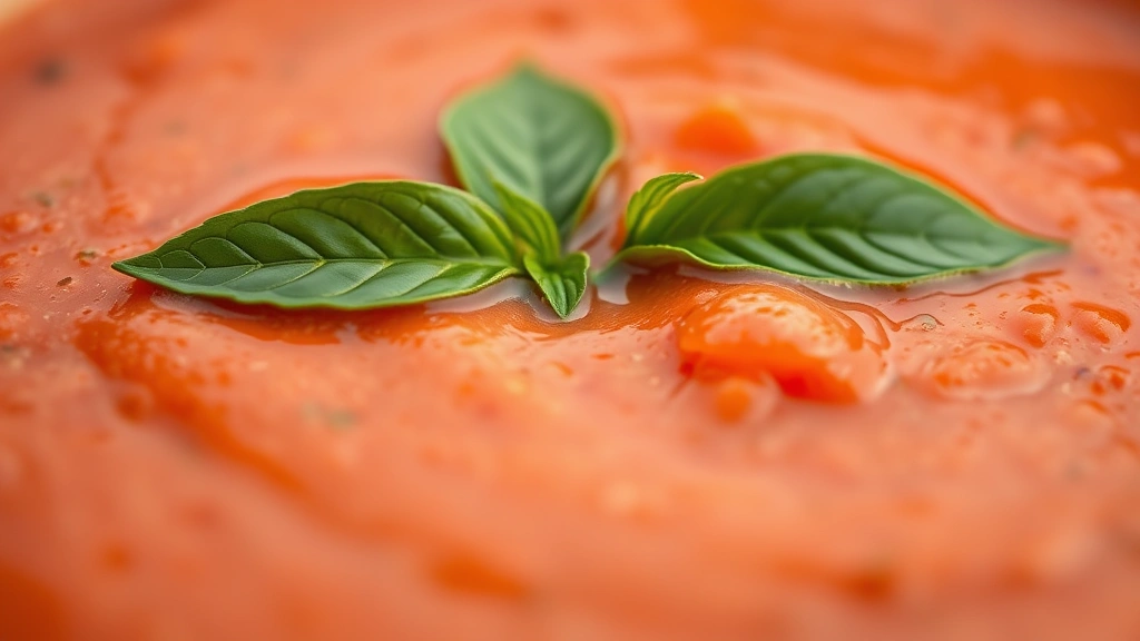 detail: close-up of creamy tomato soup with basil leaf floating on top, showing rich texture and color, shallow depth of field, natural lighting, photorealistic, no text