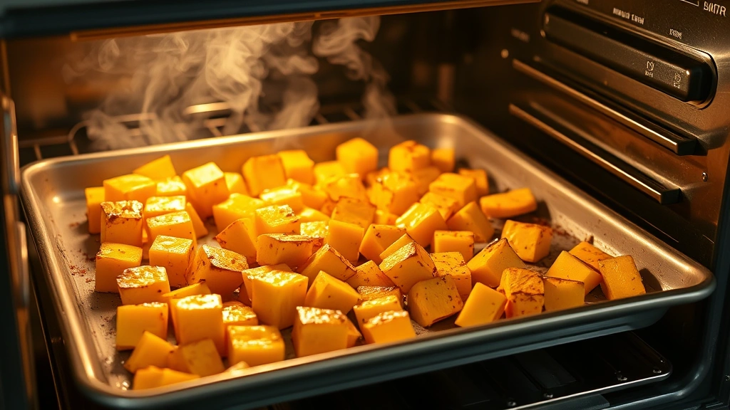 process: butternut squash cubes roasting on baking sheet with caramelized edges in oven, golden brown, steam rising, professional kitchen setting, photorealistic, natural light, no text