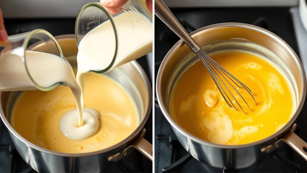 process: pouring warmed heavy cream into roux in saucepan, whisking continuously, golden butter sauce, bright kitchen lighting, professional food photography style, no text