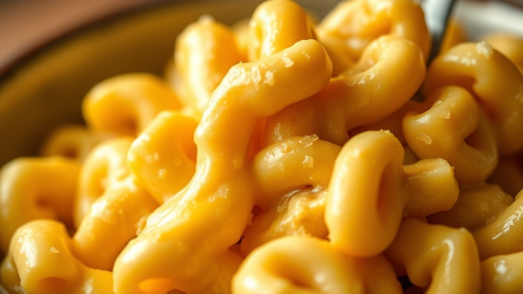 detail: close-up of mac and cheese with cheese sauce clinging to elbow noodles, melted gruyere visible, creamy texture prominent, shallow depth of field, warm natural lighting, no text