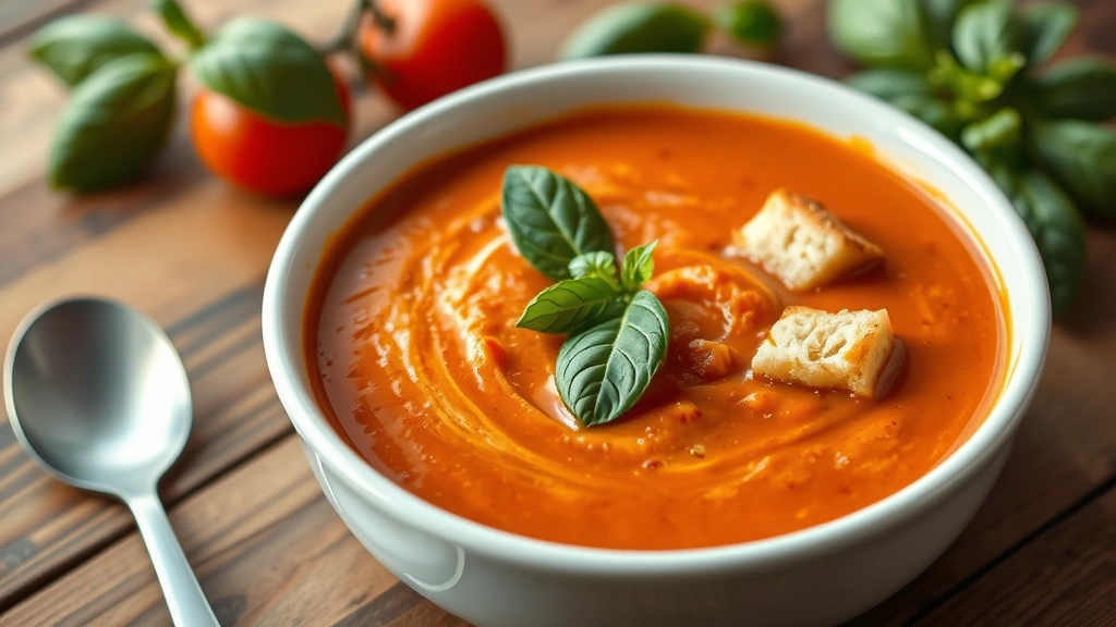 hero: bowl of creamy tomato soup with fresh basil garnish and croutons, photorealistic, warm natural lighting, white ceramic bowl on wooden table, no text