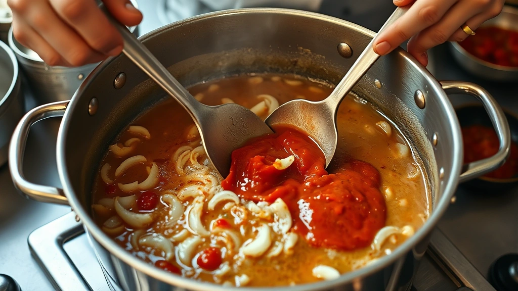 process: chef stirring roux with onions in large pot, tomato paste visible, photorealistic, bright kitchen lighting, no text