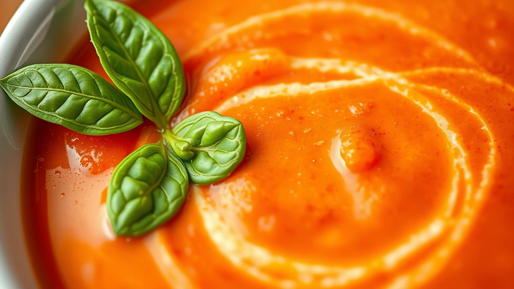 detail: close-up of creamy tomato soup with basil leaf and olive oil drizzle, photorealistic, macro photography, soft natural light, no text