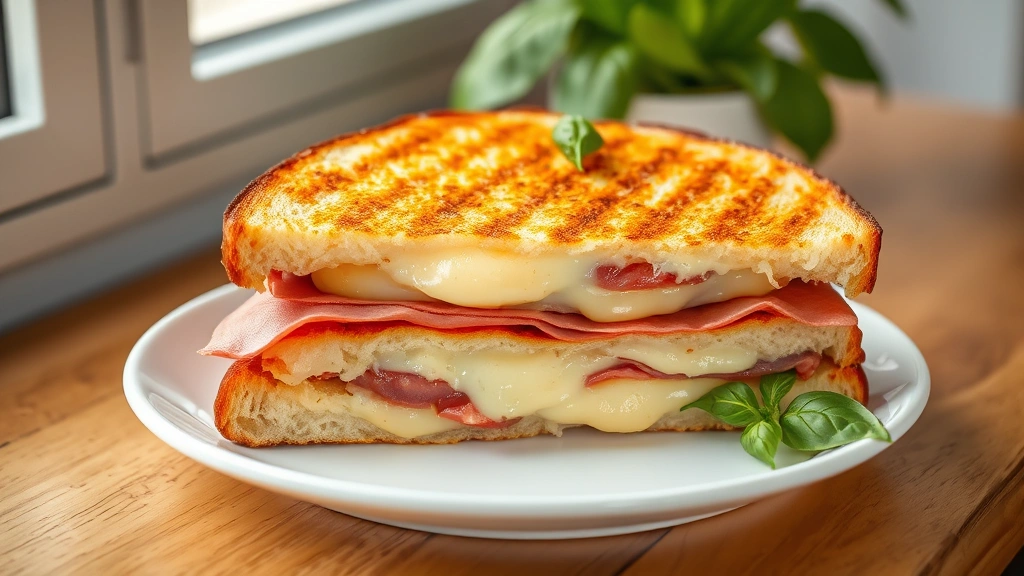 hero: perfectly pressed panini sandwich with golden crispy exterior, melted cheese and prosciutto visible, served on white plate with fresh basil garnish, photorealistic, natural window light, no text