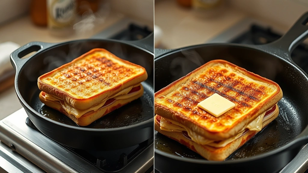 process: panini being pressed in cast iron skillet, steam rising, golden brown bread, butter sizzling, photorealistic, natural kitchen lighting, no text