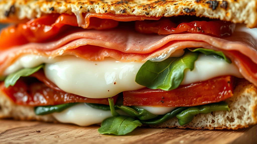 detail: close-up cross section of panini showing layers of melted mozzarella, prosciutto, spinach and roasted red peppers, photorealistic, shallow depth of field, natural light, no text